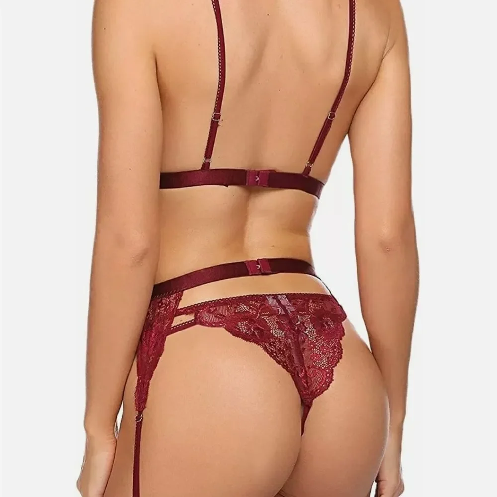 Women Sexy Lingerie Set Lace Teddy Strap Babydoll Bodysuit with Garter Belts